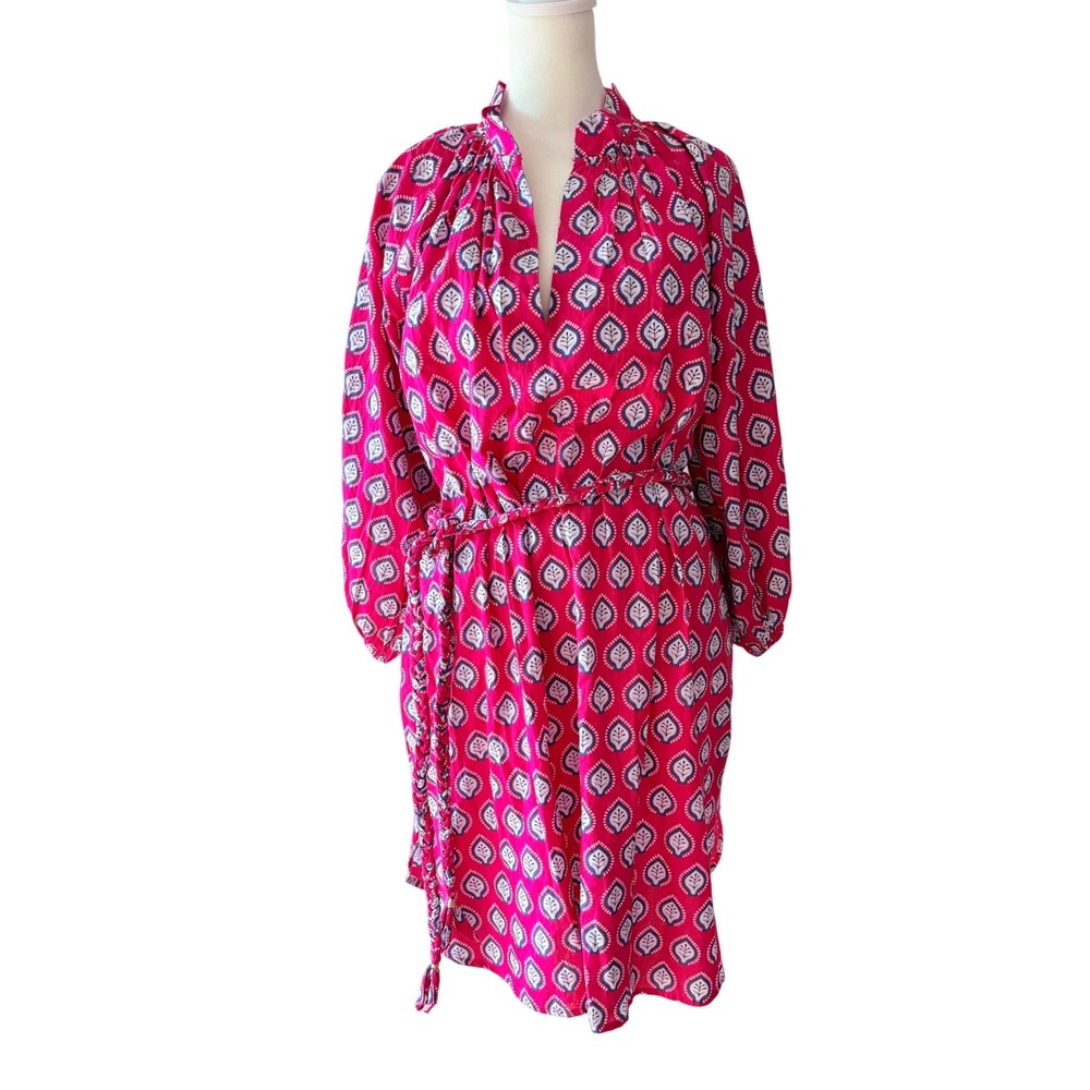 CARYN‎ LAWN Pink Leaf Medallion Print Boho Preppy Dress Braided Belt O/S